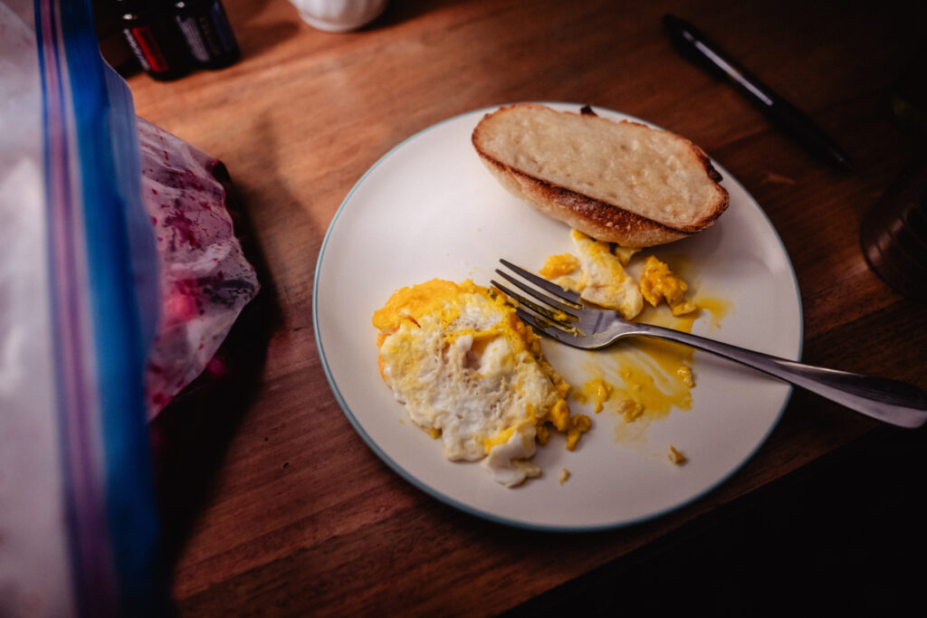 Eggs and sourdough toast in bed after home birth